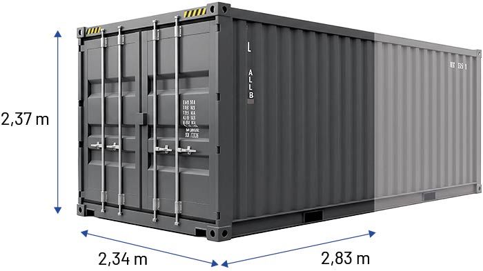Maße halber Lagercontainer: 2,34 x 2,83 x 2,37 m (BxTxH)