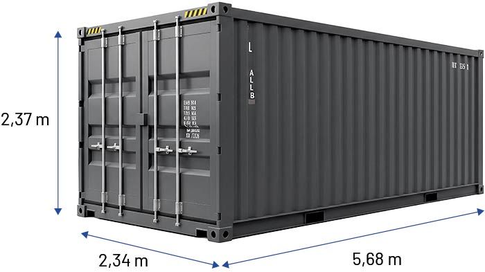 Maße ganzer Lagercontainer: 2,34 x 5,68 x 2,37 m (BxTxH)